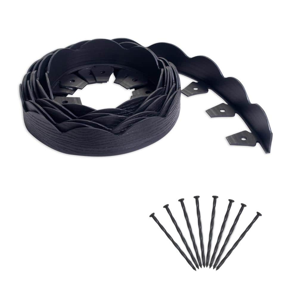 2 in. x 100 ft. Black Polyethylene Scalloped Woodgrain No-Dig Edging Kit - Hercitys