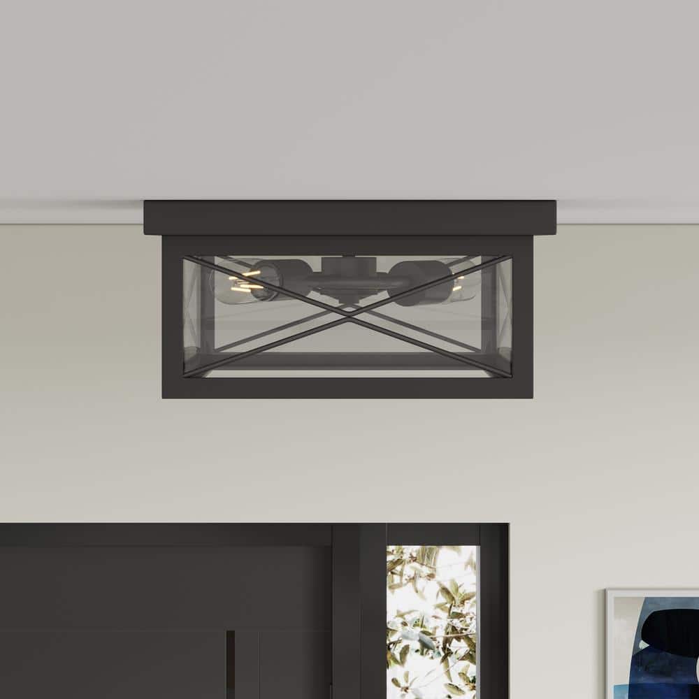12.2 in. 2-Light Industrial Black Flush Mount Metal Farmhouse Close to Ceiling Light Fixture with Clear Glass Shade - Hercitys