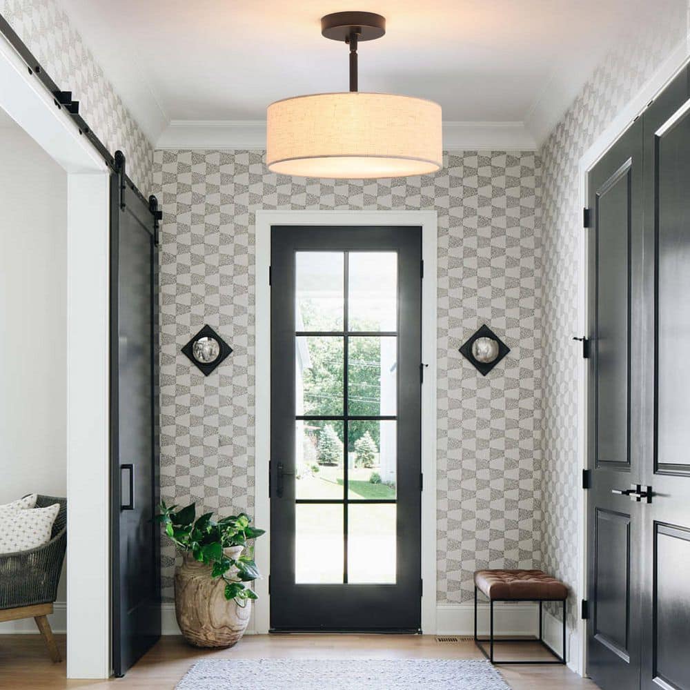 12.6 in. 3-Light Matte Black Round Drum Semi-Flush Mount with Burlap and No Bulbs Included Foyer Dinner Room - Hercitys