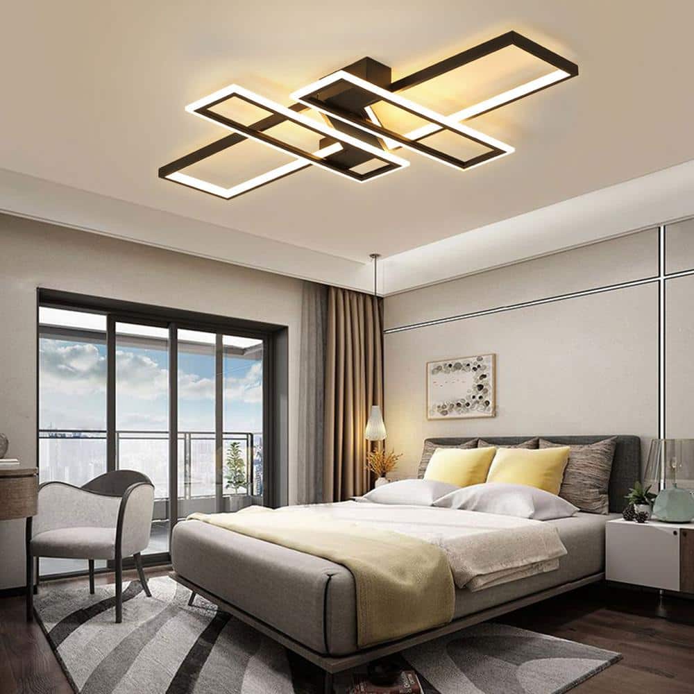35.4 in. 1-Light Black Modern Geometric Dimmable Selectable LED Semi-Flush Mount Ceiling Light with Remote - Hercitys