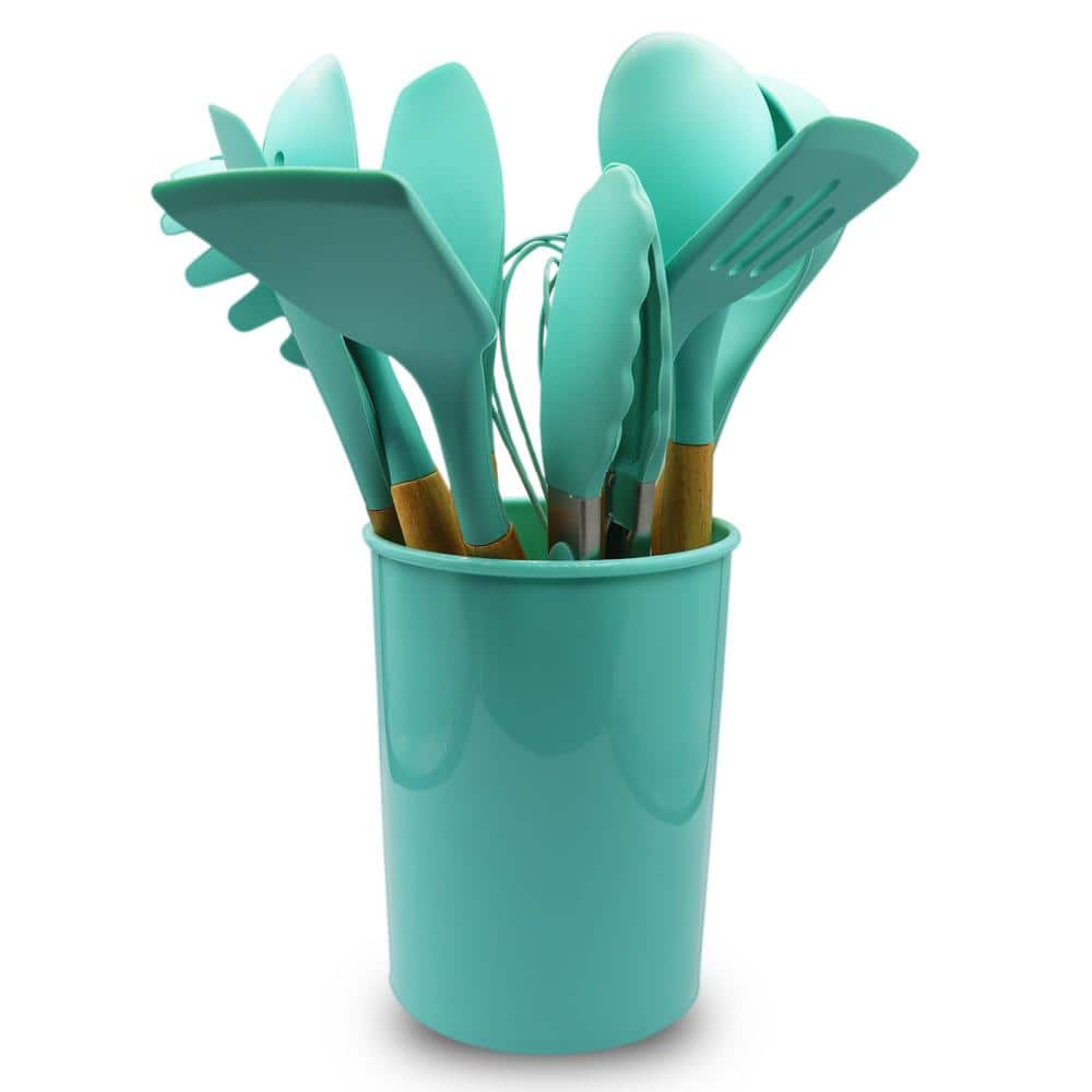 12-Piece Aqua Silicone Utensil Spatula Set with Wooden Handles - Hercitys