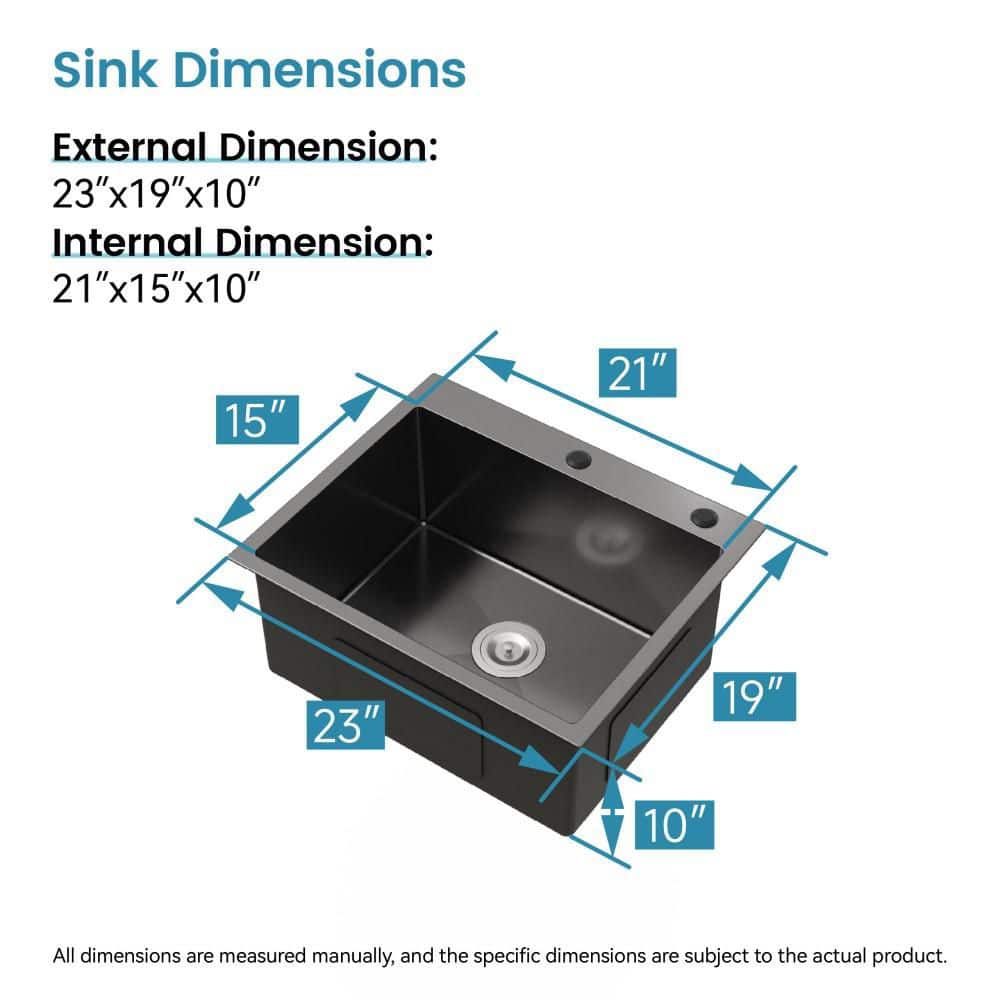 23 in. Drop-In Overmount Handmade Single Bowl Black Stainless Steel Kitchen Sink with Drain - Hercitys