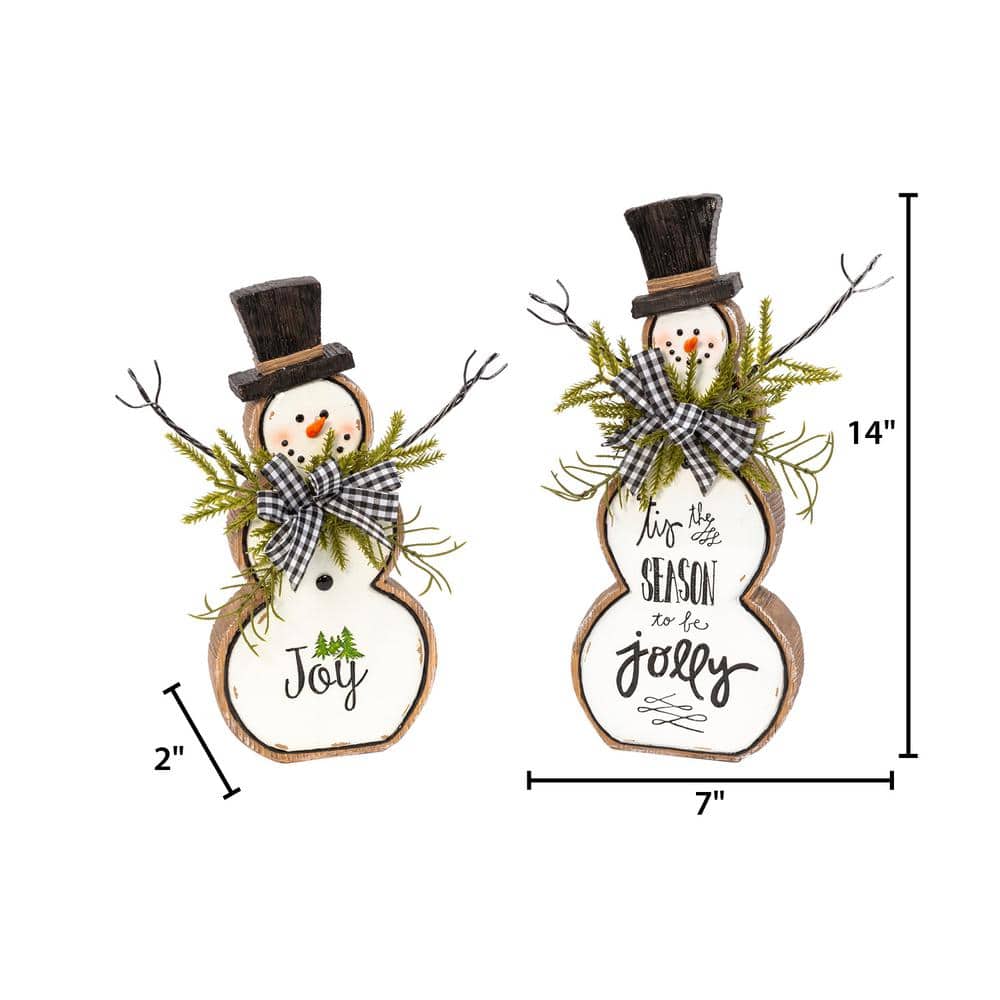13.75 in. H Resin and Metal Snowman Figurines with Pine and Bow Lg (Set of 2) - Hercitys