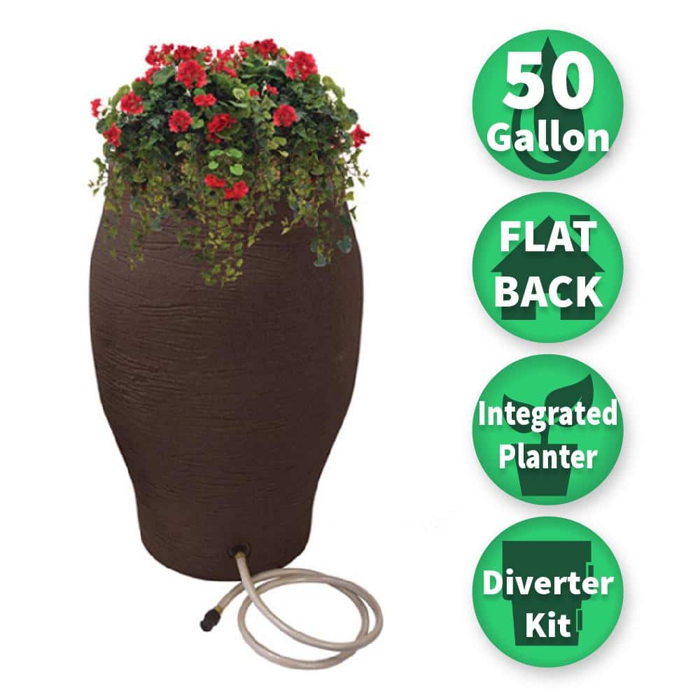 50 Gal. Earth Brown Water Urn Flat-Back Rain Barrel with Integrated Planter and Diverter Kit - Hercitys