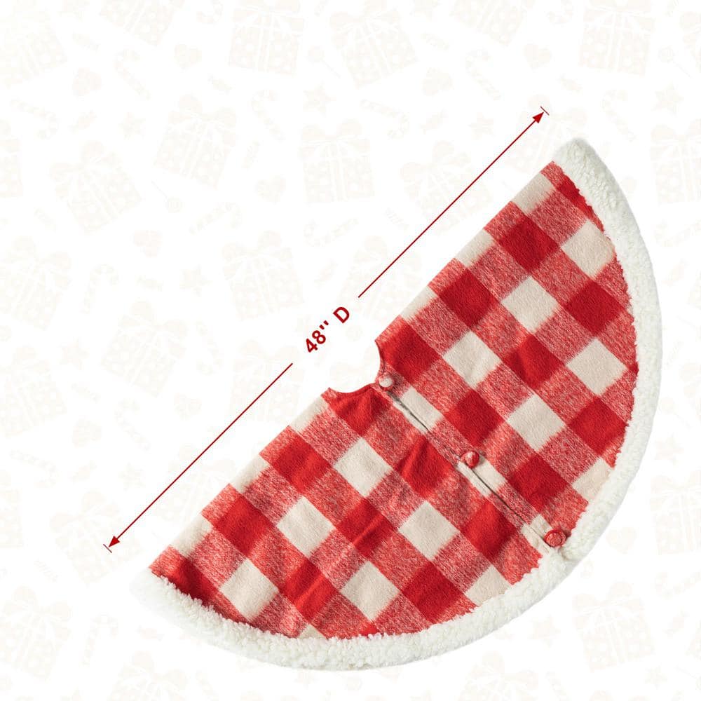 48 in. D Red and White Plaid Reversible Sherpa/Flannel Christmas Tree Skirt - Hercitys