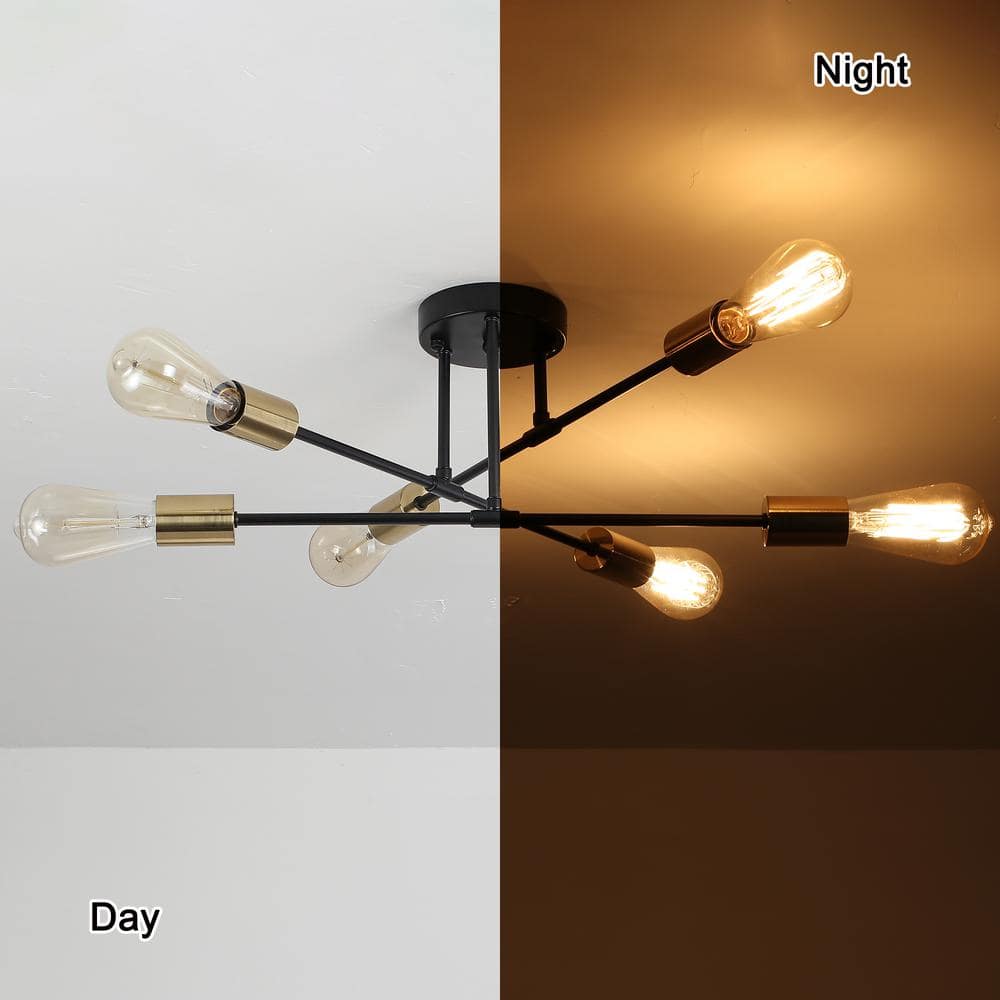20.66 in. 6-Light Black and Brass Sputnik Modern Semi-Flush Mount Ceiling Light - Hercitys
