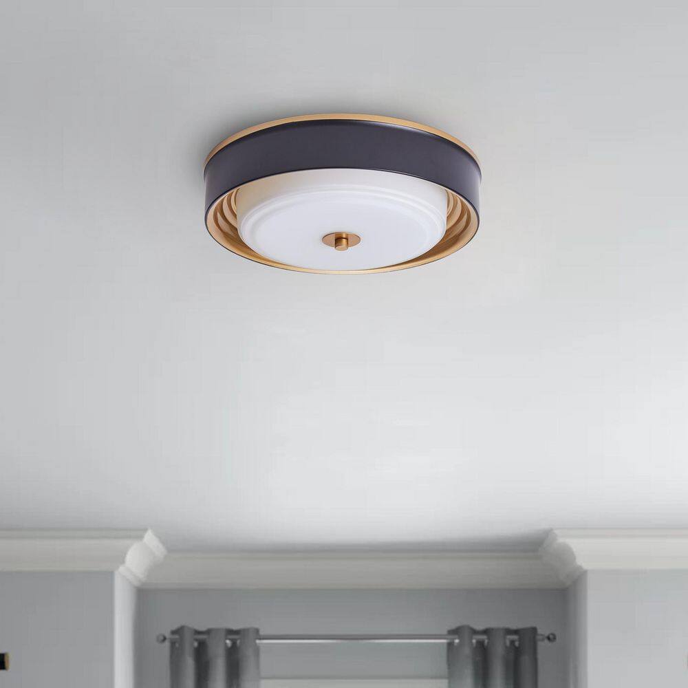 13.2 in. 2-Light Black Flush Mount Ceiling Light with Drum White Glass Shade - Hercitys