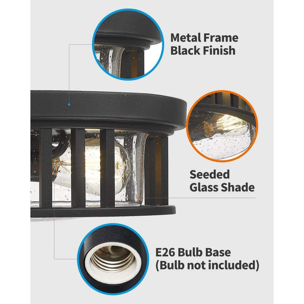 13 in. 2-Light Black Finish with Seeded Glass Flush Mount Ceiling Light - Hercitys