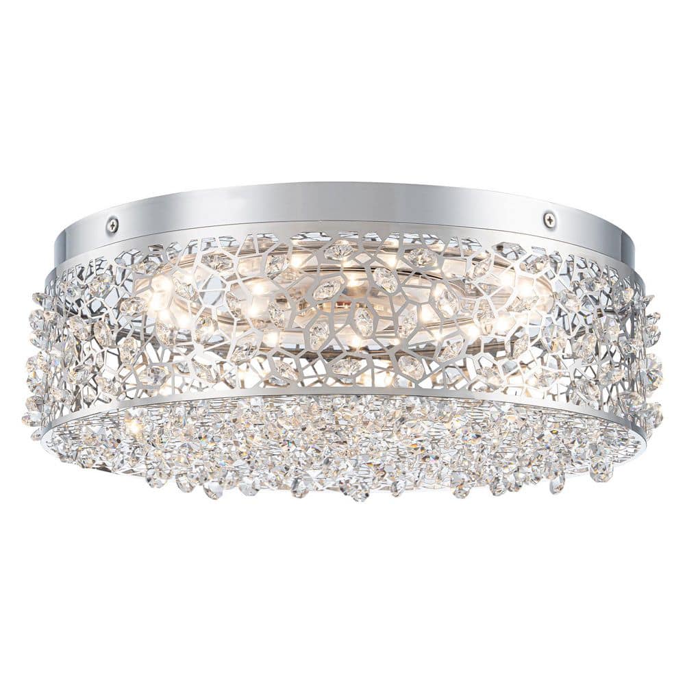 14.17 in. 20-Watt Modern Chrome Metal Round Integrated LED Flush Mount Ceiling Light with Beaded Drum Crystal Shade - Hercitys