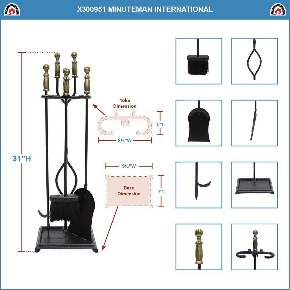 30 in. Tall 5-Piece Black and Antique Brass Westminster Fireplace Tool Set - Hercitys