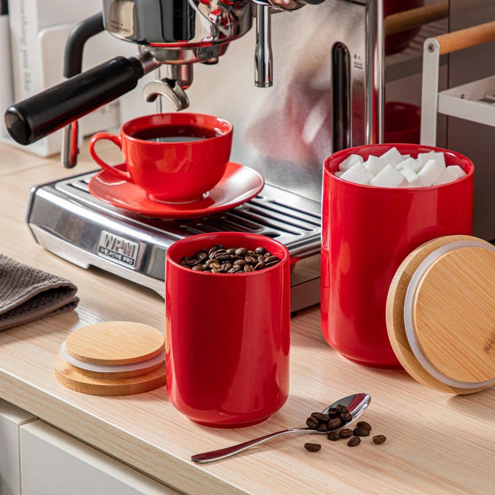 3-Piece Stoneware Canister Set with Airtight Bamboo Wood Lid 18 oz. 36 oz. 74 oz. Kitchen Food Storage Jar - Hercitys