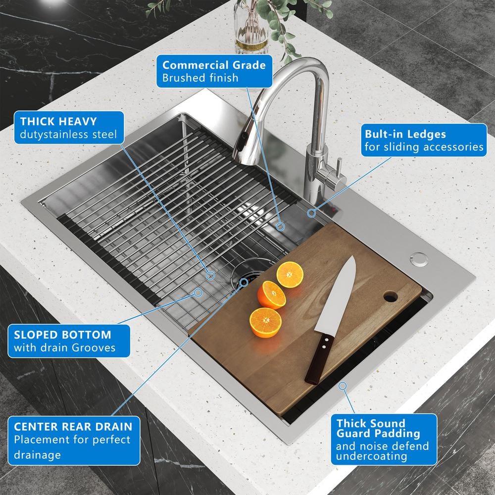 33 in. Drop-In/Undermount Single Bowl 16 Gauge Gunmetal Sliver Stainless Steel Kitchen Sink with Bottom Grids - Hercitys
