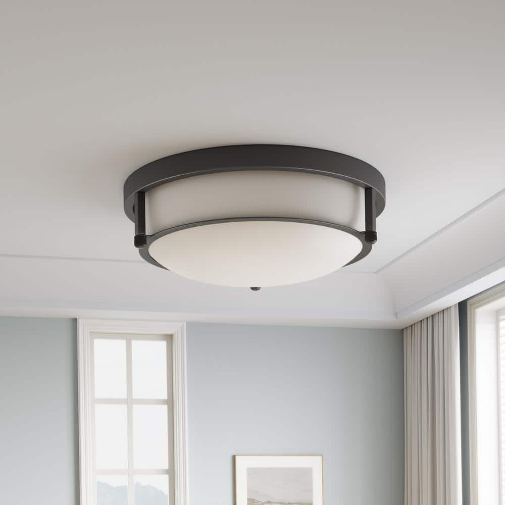 13 in. 2-Light Industrial Black Flush Mount Farmhouse Close to Ceiling Light Fixture with White Glass Shade - Hercitys