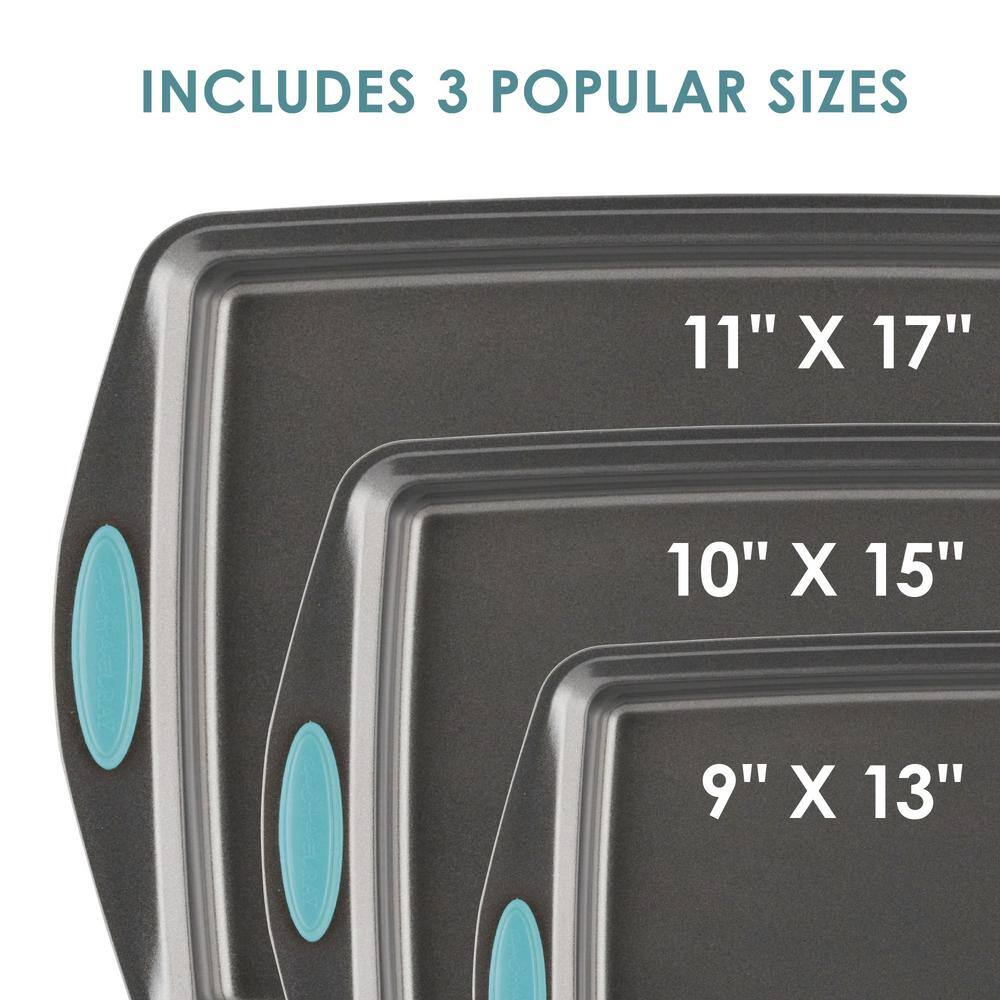 3-Piece Gray Nonstick Bakeware Cookie Pan Set with Agave Blue Silicone Grips - Hercitys
