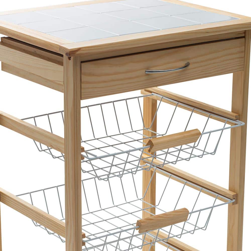 3 Tier Pinewood Basket and Drawer Kitchen Cart - Hercitys