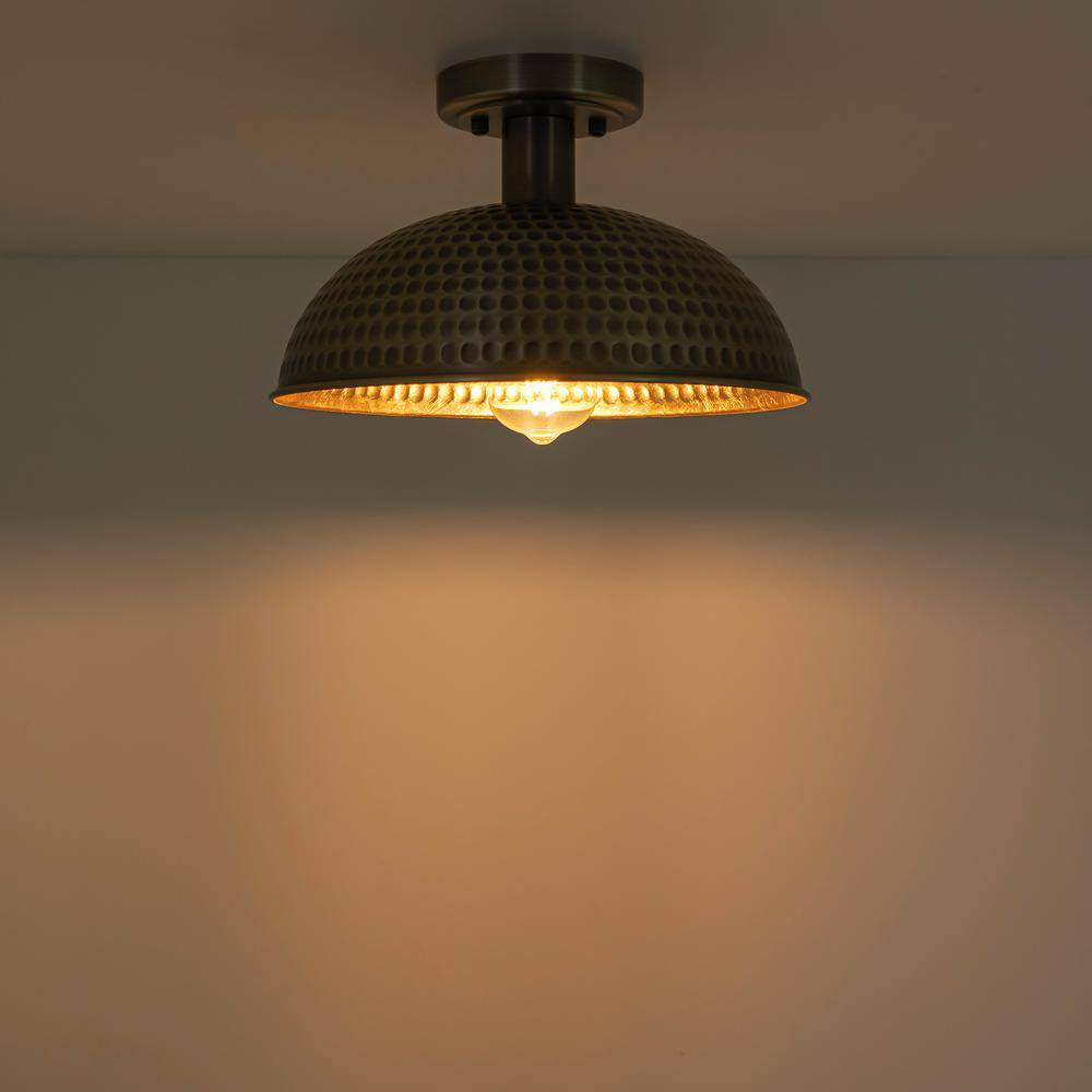 12.2 in. 1-Light Antique Brass Semi-Flush Mount Ceiling Light with Dome Metal Shade - Hercitys
