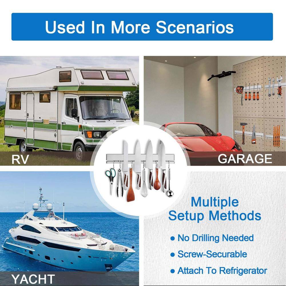 5-Knife 17 in. 304 Stainless Steel Magnetic Knife Strip, Magnetic Knife Bar with 12 Hooks and 3 Mounting Options - Hercitys