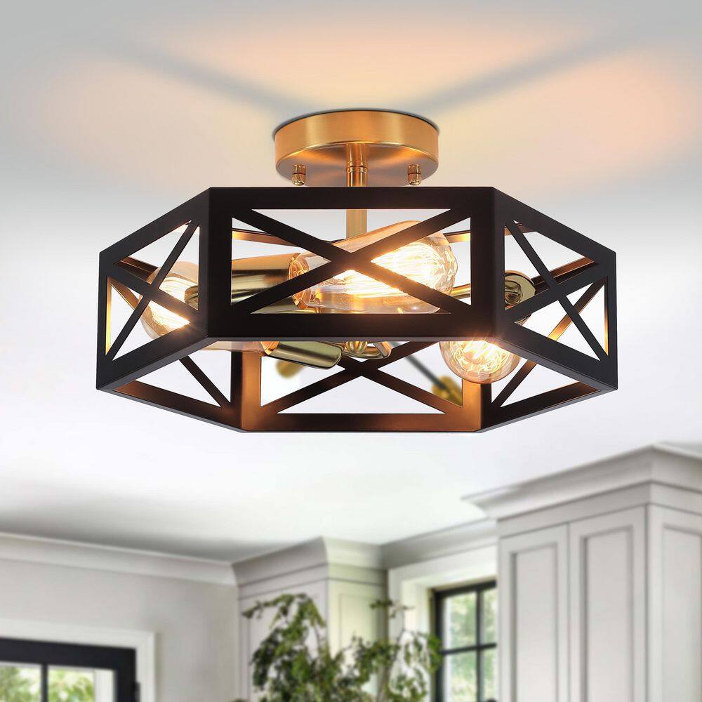 14.57 in. 3-Light Black and Gold Modern Industrial Metal Hexagonal Semi-Flush Mount Ceiling Light - Hercitys