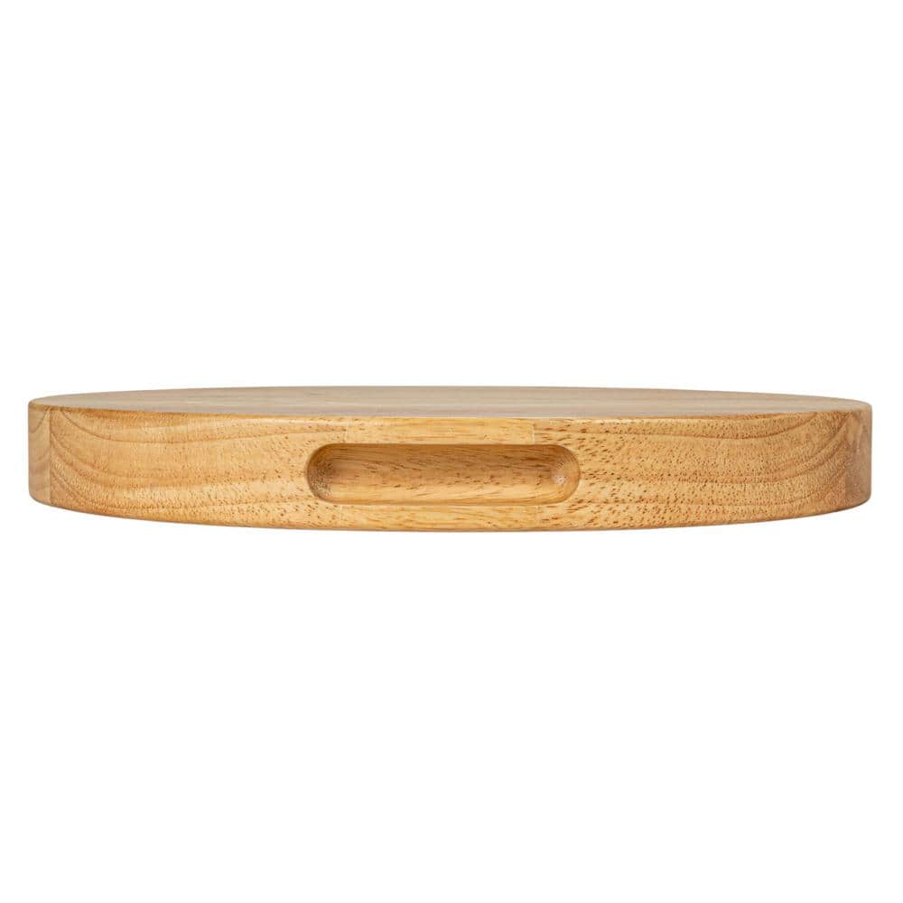 14.76 in. Natural Brown Round Rubberwood Cheese and Cutting Board with Handles - Hercitys