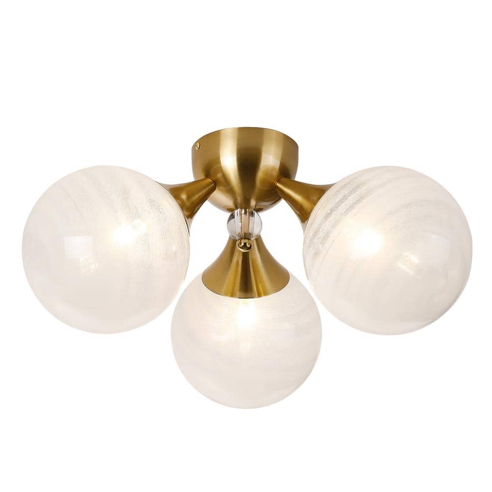 18 in. 3-Light Brass Triple Semi-Flush Mount with White Bubble Glass Shade and No Bulbs Included - Hercitys