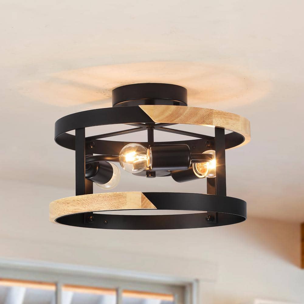 11.81 in. 3-Light Black Drum-Shaped Semi Flush Mount Chandelier for Hallway Entryway Dining Room - Hercitys