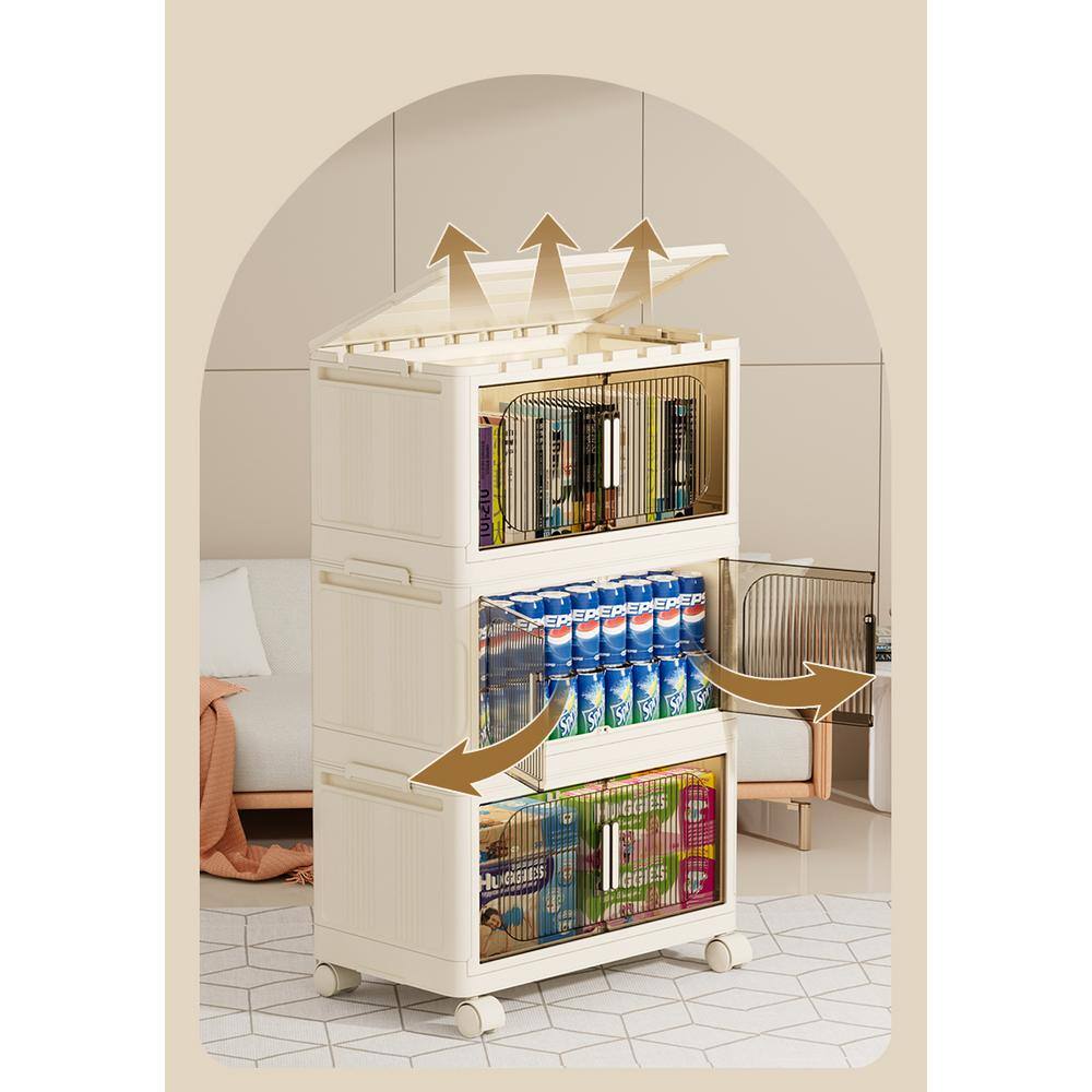 31.5 in. 3-Shelf Cream White Folding Kitchen Pantry Cabinet on Wheel - Hercitys