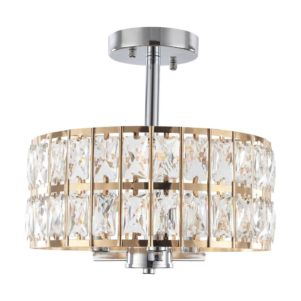 12.59 in. 3-Light Chrome and French Gold Modern Drum Semi-Flush Mount Light With Clear Crystal Glass Shade - Hercitys