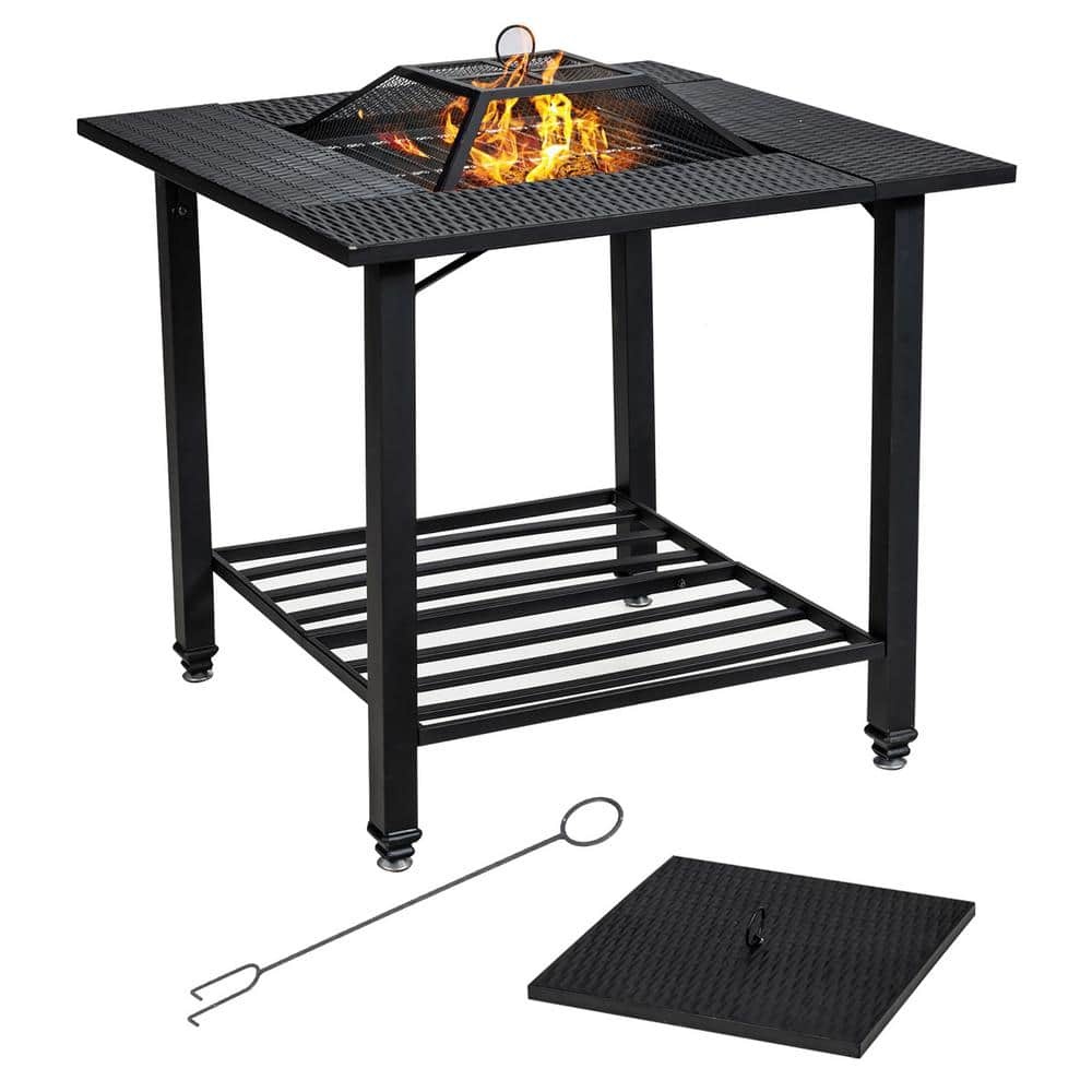 31 in. Outdoor Steel Fire Pit Dining Table Charcoal Wood Burning W/Cooking BBQ Grate - Hercitys