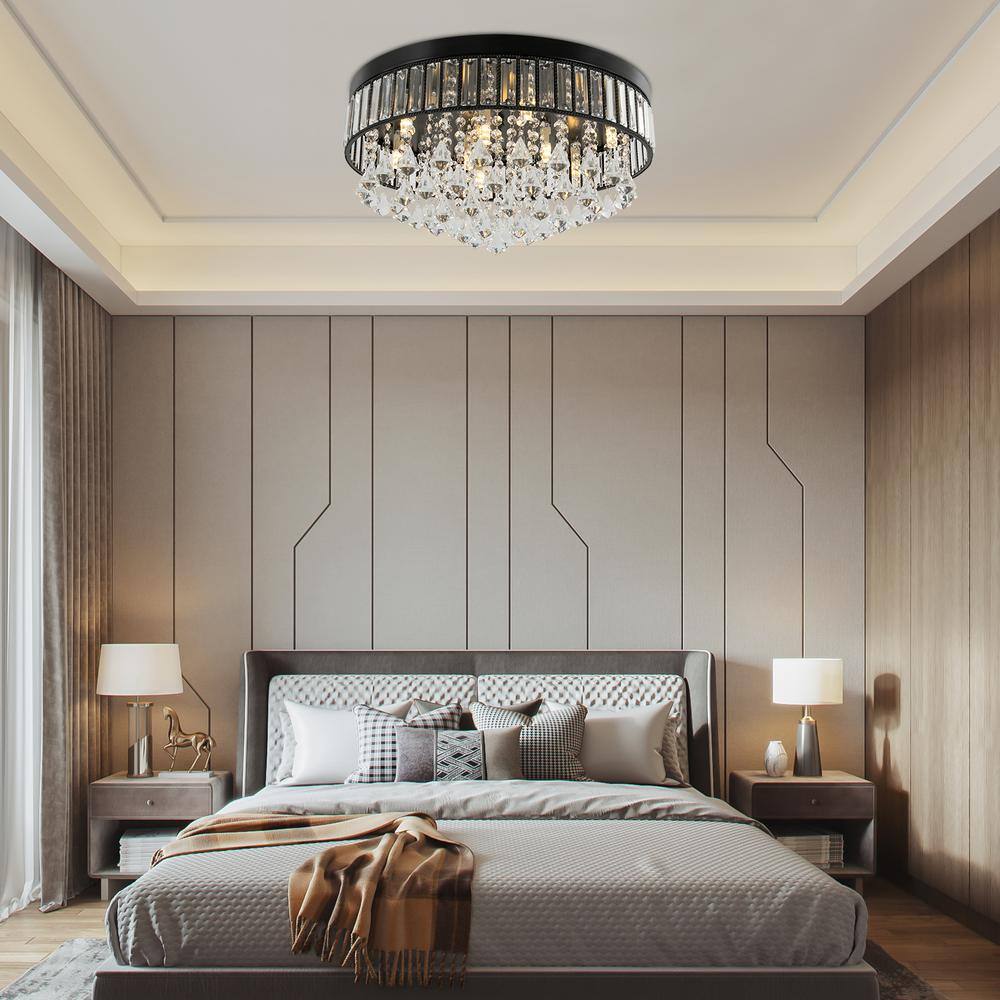 19.68 in. 9-Light Black Modern Round Flush Mount Ceiling Light with Clear Crystal Shade and No Bulbs Included - Hercitys