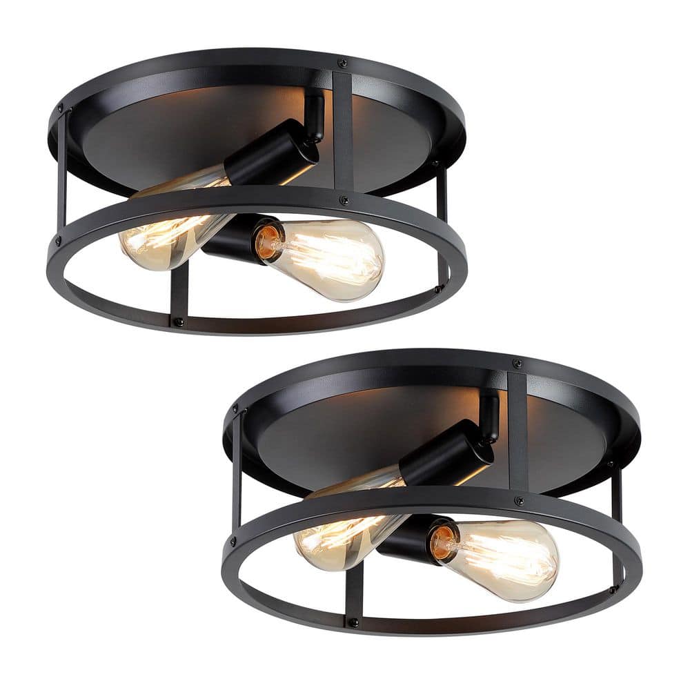 12.7 in. 2-lights Matte Black Flush Mount Ceiling Light Fixtures With Cage-style Straight Metal Frame (2-Pack) - Hercitys
