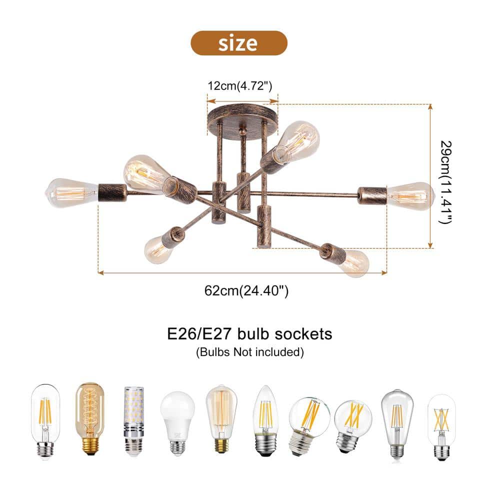 24. 4in 6light vintage Bronze Smart home semi Flush Mount Ceiling With Mid-Century Lights for Bedroom 1 Pack - Hercitys