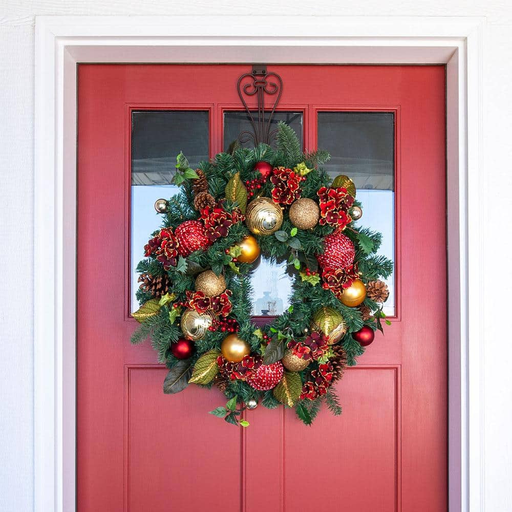 30 in. Artificial Pre-Lit LED Scarlet Hydrangea Wreath - Hercitys