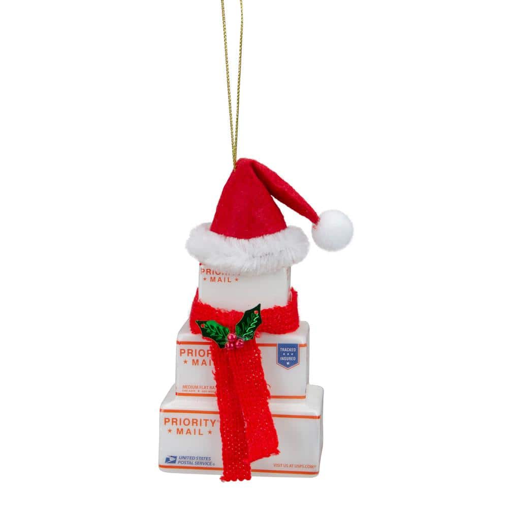 4.5 in. White and Red USPS Priority Mail Stacked Packages Santa Hat Christmas Ornament - Hercitys