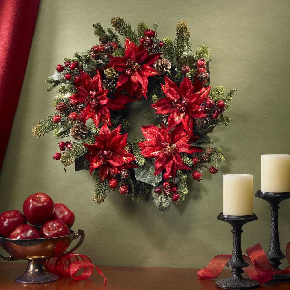 24 in. Artificial Wreath with Poinsettias and Berries - Hercitys