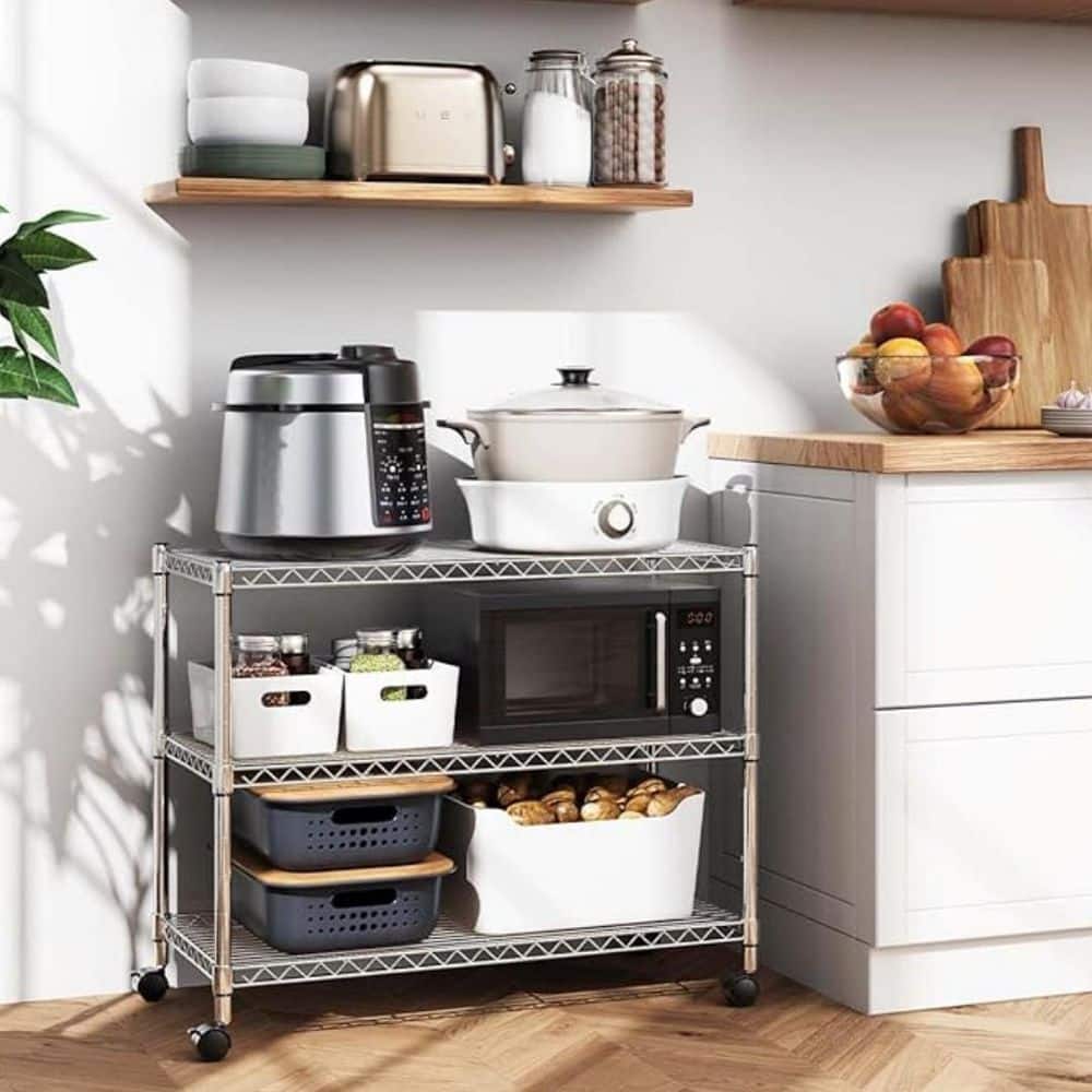 3-Tier Chrome Metal Shelving Unit, 750 lbs Capacity Stackable Wire Storage Rack on Wheels-24 in. W x 14 in. D x 22 in. H - Hercitys