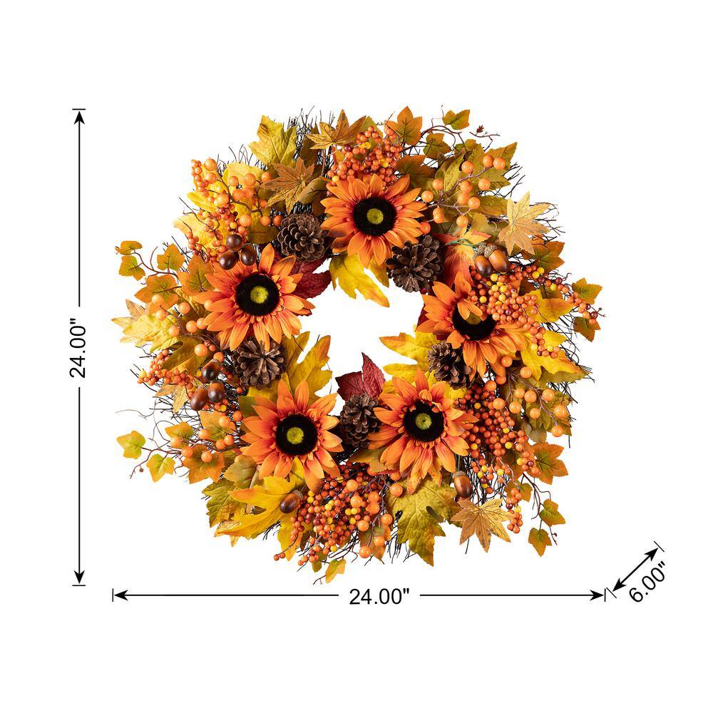 24 in. D Unlit Fall Sunflower, Maple Leaf and Berry Wreath - Hercitys