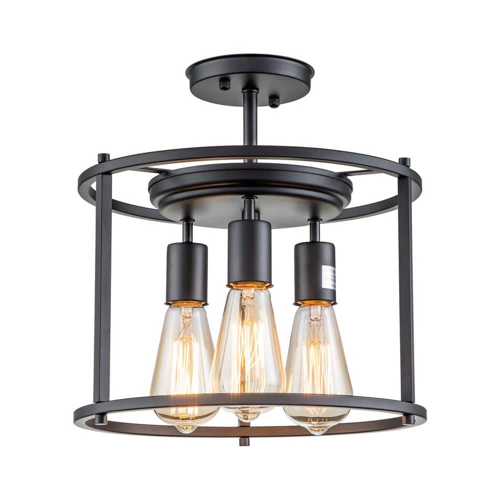 12 in. 3-Light Black Drum Cage Semi-Flush Mount Light - Hercitys