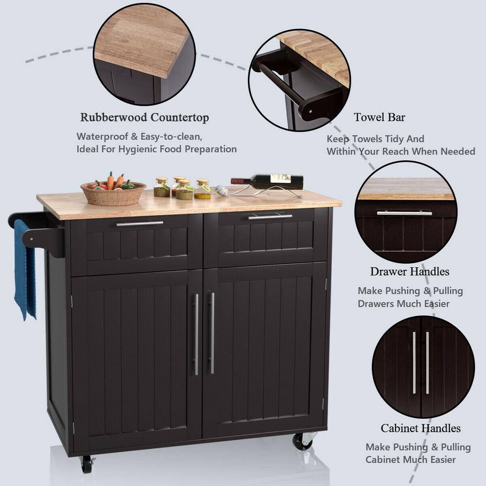 37 in. Espresso Rolling Kitchen Island Cart with Natural Wood Top and Towel Rack - Hercitys
