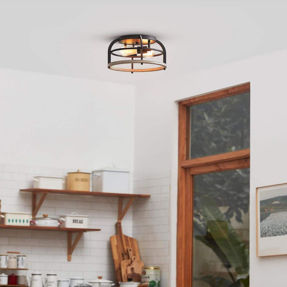 13 in. 2-Light Matte Black Flush Mount Ceiling Light with Faux Wood Accents - Hercitys