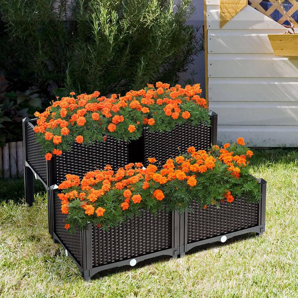 16 in. L x 16 in. W x 17.5 in. H Black Plastic Raised Bed Elevated Flower Vegetable Herb Grow Planter Box (Set of 4) - Hercitys