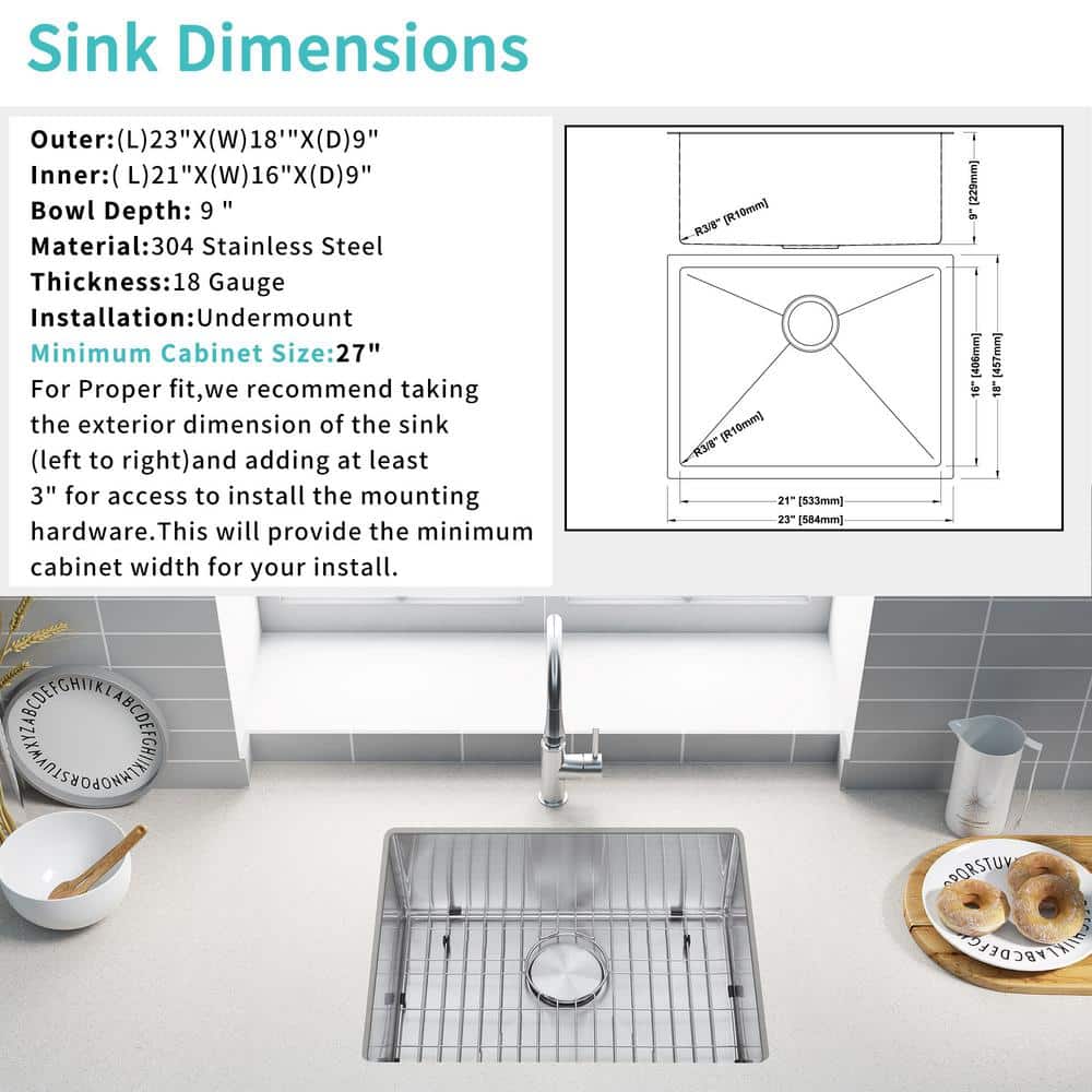 23 in Undermount Single Bowl 18 -Gauge Stainless Steel Kitchen Sink with Bottom Grids - Hercitys
