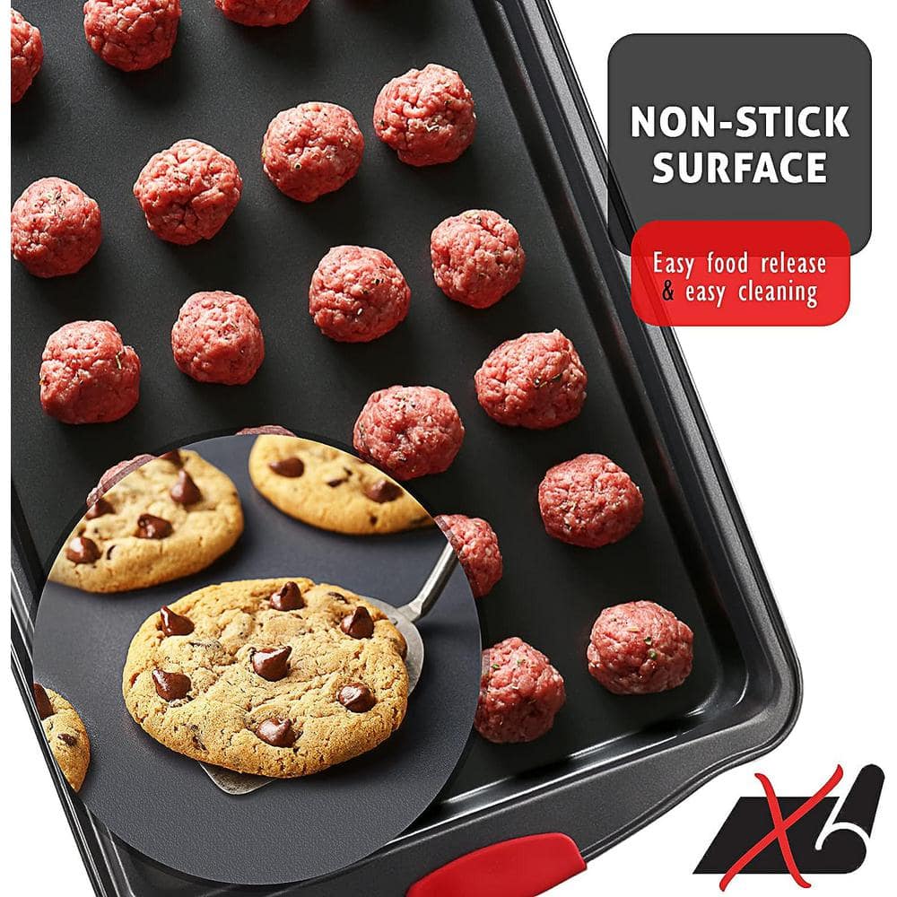 2-Piece Black Steel Nonstick Large Baking Cookie Sheet Set w/Silicone Handles - Hercitys
