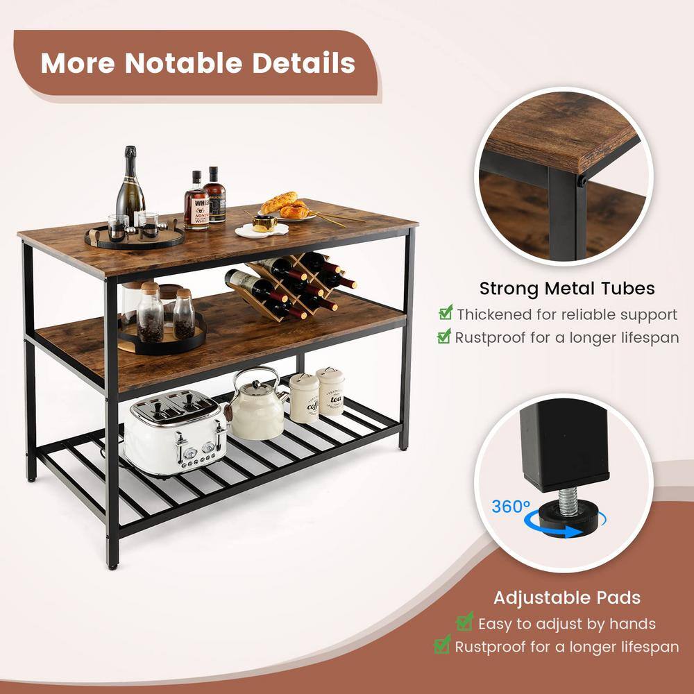 3-Tier Rustic Brown Wood 47.2 in. Kitchen Island with Bottom Wine Rack - Hercitys