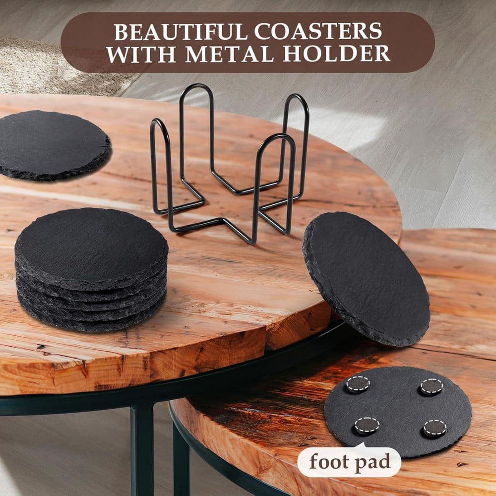 4 Inch Stone Coaster Set Coffee Table Decor with Metal Holder in Black (Set of 8) - Hercitys