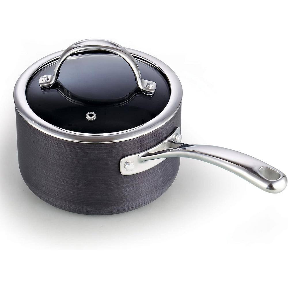 3 qt. Hard-Anodized Aluminum Nonstick Sauce Pan in Black with Glass Lid - Hercitys