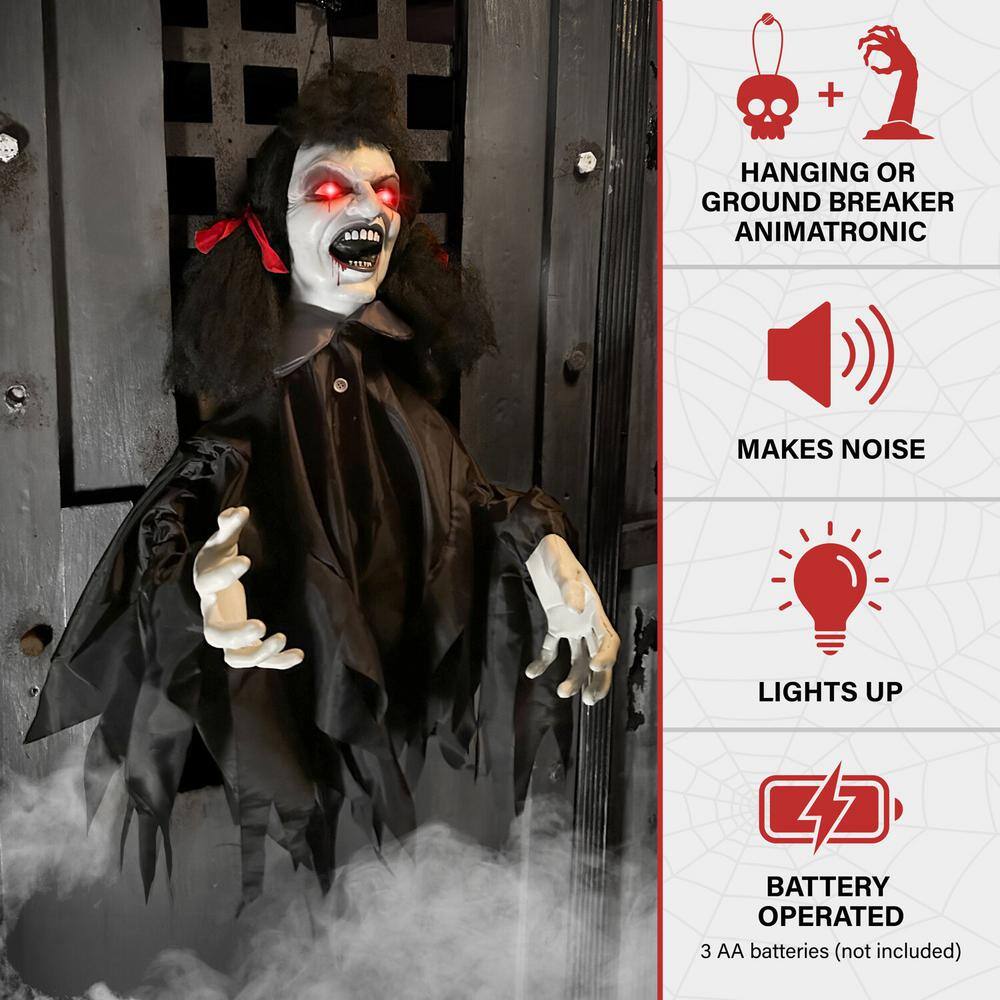 19 in. Hanging Animatronic Demon Girl or Groundbreaker, Lights and Sound, Indoor/Covered Outdoor Halloween Decoration - Hercitys