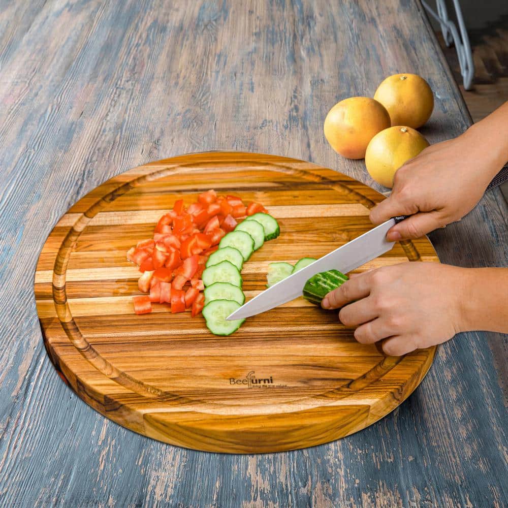 15.8 in. x 15.8 in. Round Teak Wood Reversible Chopping Serving Board Cutting Board with Juice Groove - Hercitys