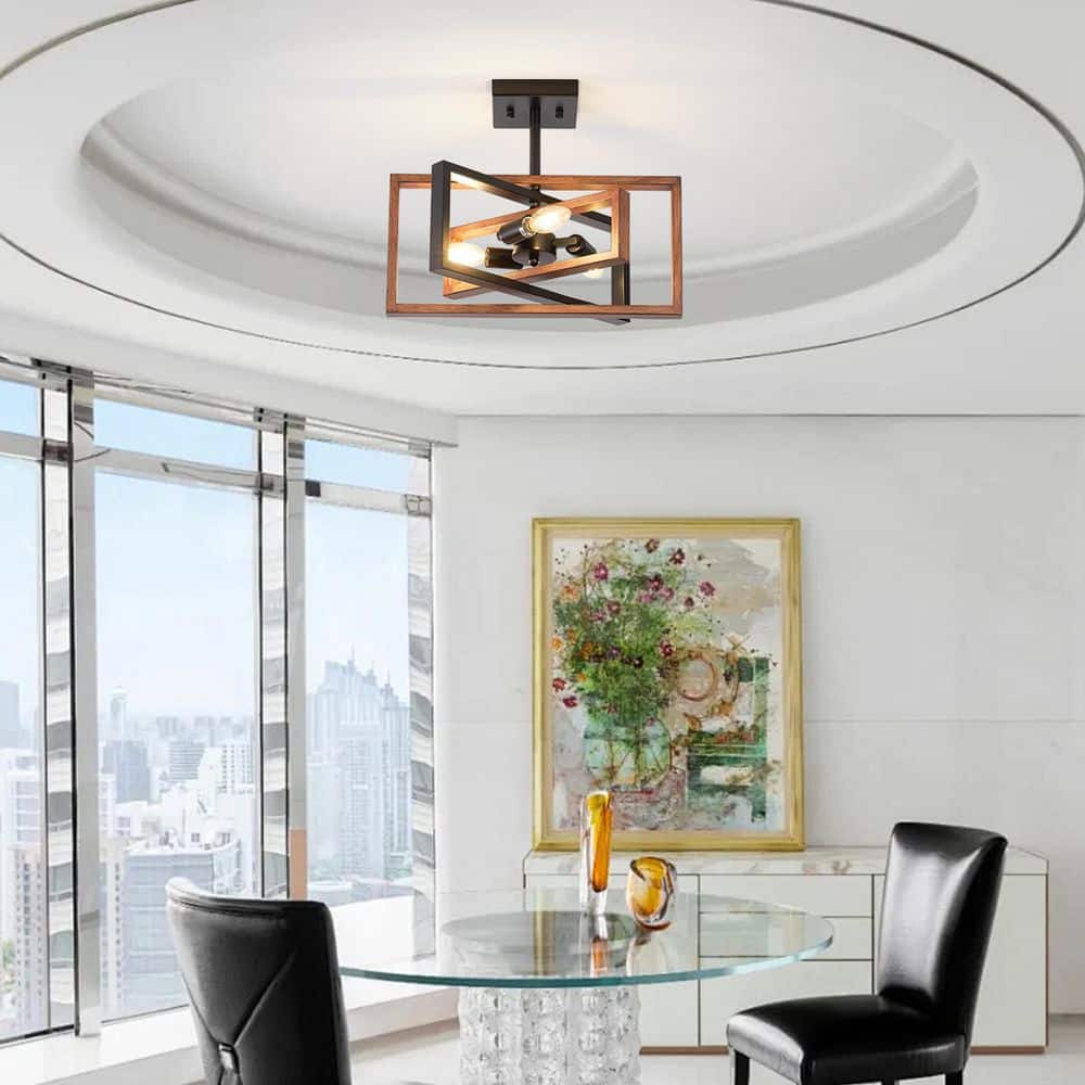 15.8 in.  3-Light Black and Imitation Wood Grain Farmhouse Rectangle Semi Flush Mount Ceiling Light Bulb Not Included - Hercitys