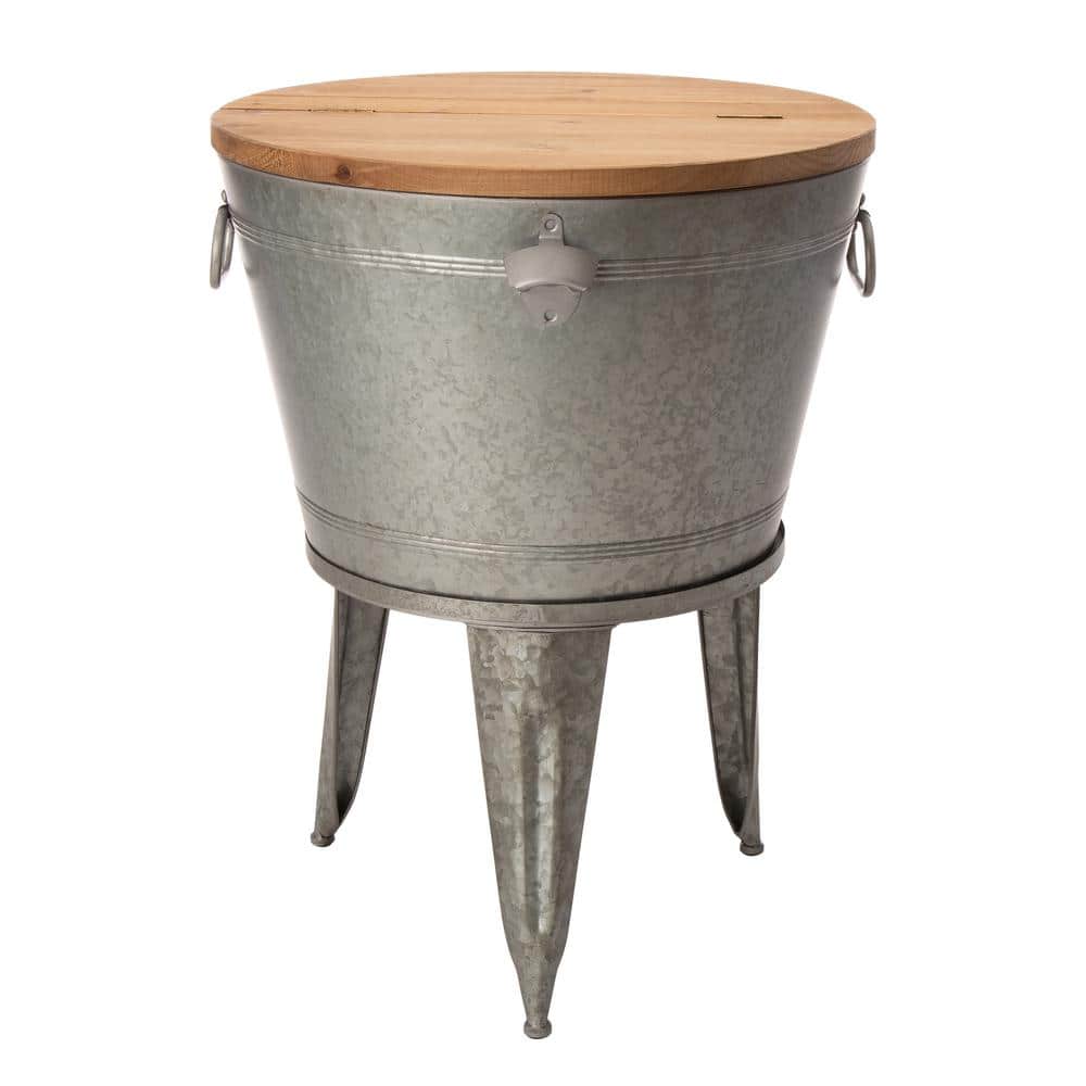 26.29 in. H Gray Galvanized Beverage Tub with Metal Stand or Accent Table with Firwood Lid - Hercitys