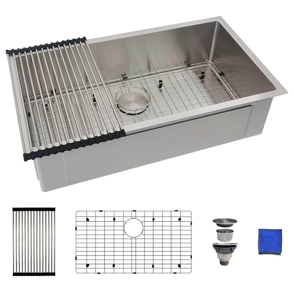 32 in. Undermount Kitchen Sink-16 Gauge Stainless Steel Single Bowl, Modern Design with Grid, Strainer and Drying Rack - Hercitys